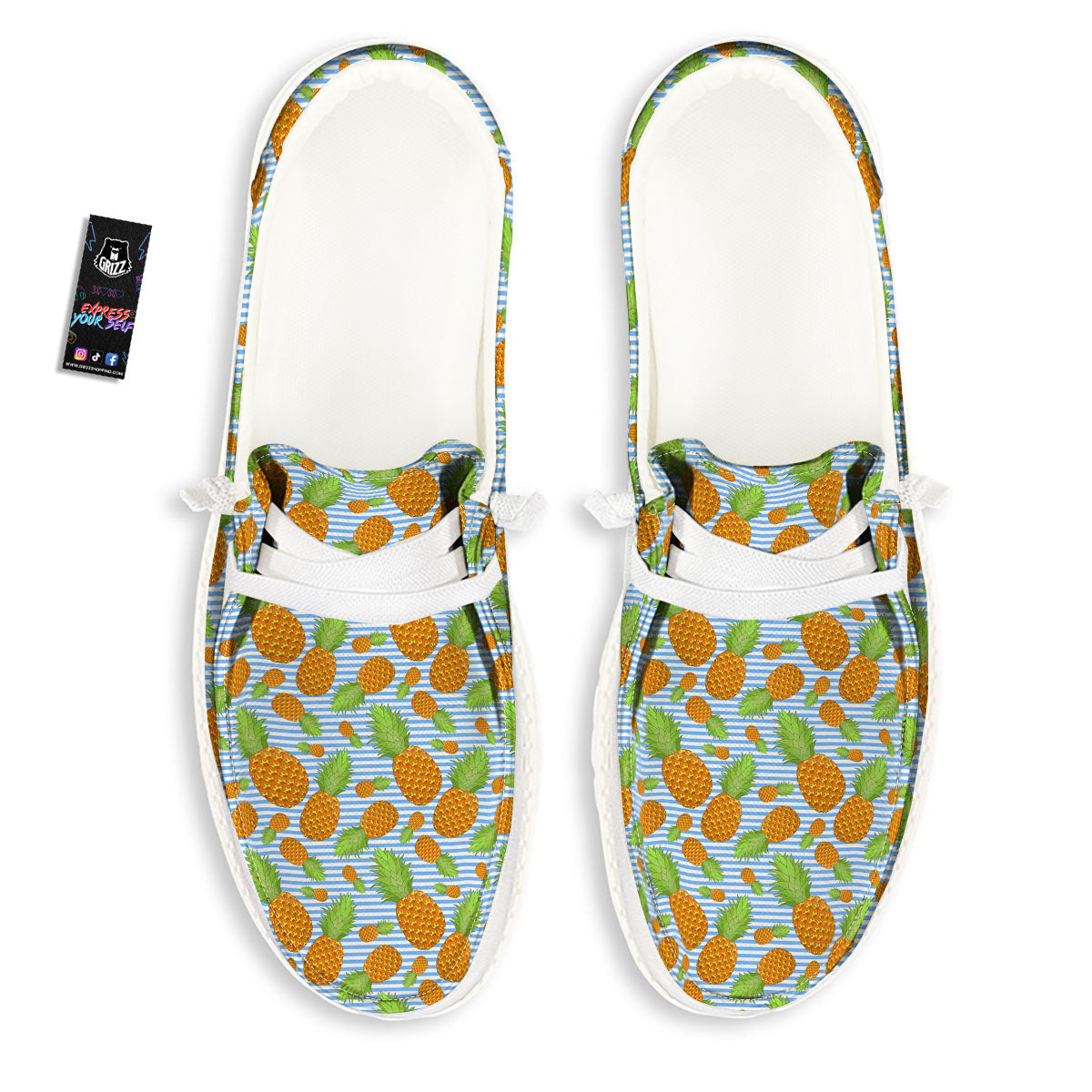 Pineapple Blue Striped Print Pattern White Loafers-grizzshop