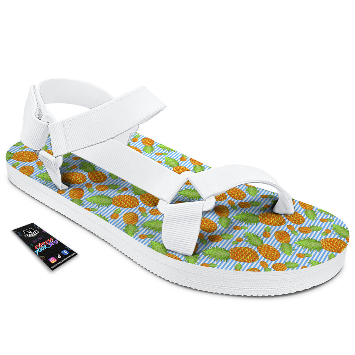 Pineapple Blue Striped Print Pattern White Open Toe Sandals-grizzshop