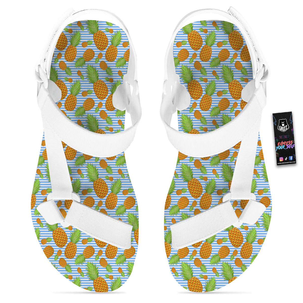 Pineapple Blue Striped Print Pattern White Open Toe Sandals-grizzshop