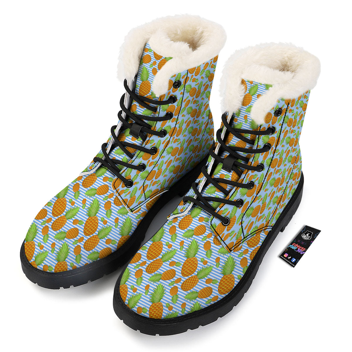 Pineapple Blue Striped Print Pattern Winter Boots-grizzshop