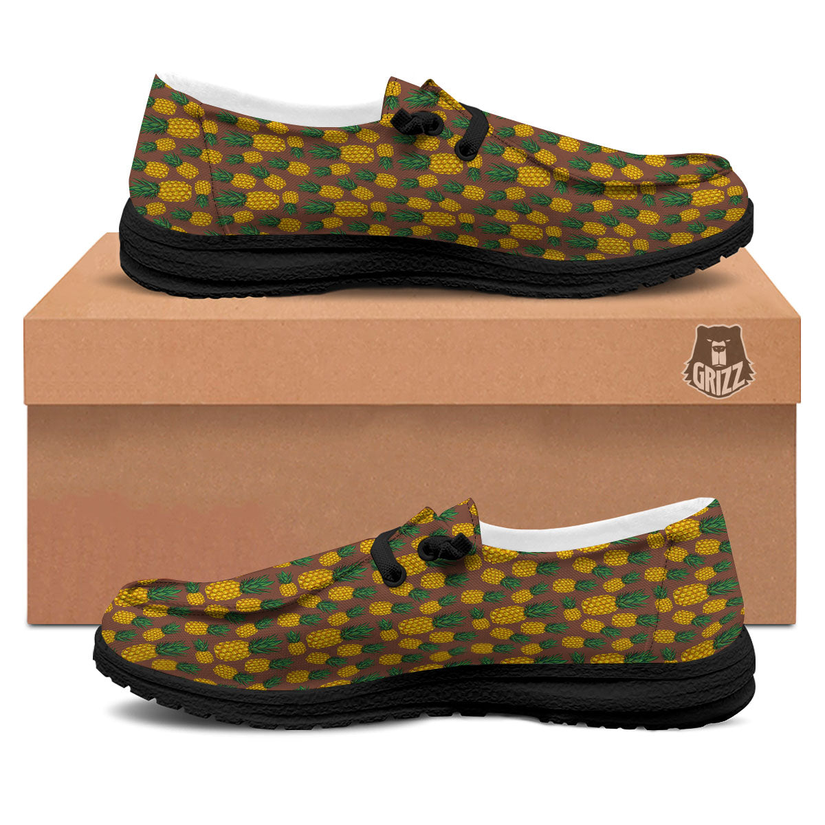 Pineapple Brown Print Pattern Black Loafers-grizzshop