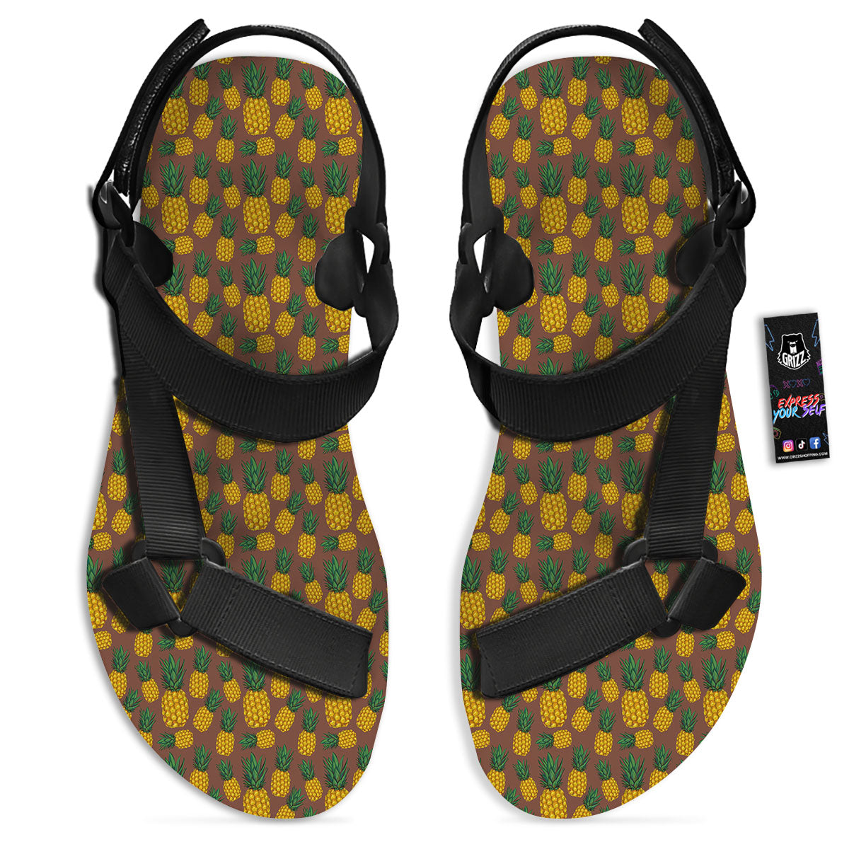 Pineapple Brown Print Pattern Black Open Toe Sandals-grizzshop