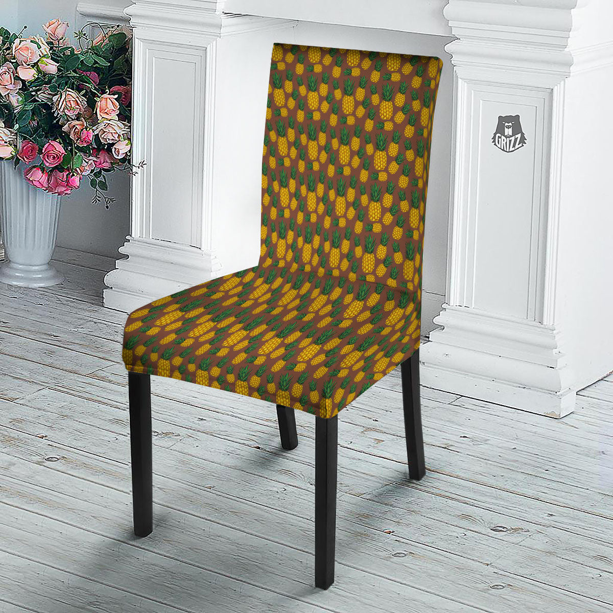 Pineapple Brown Print Pattern Dining Chair Slipcover-grizzshop