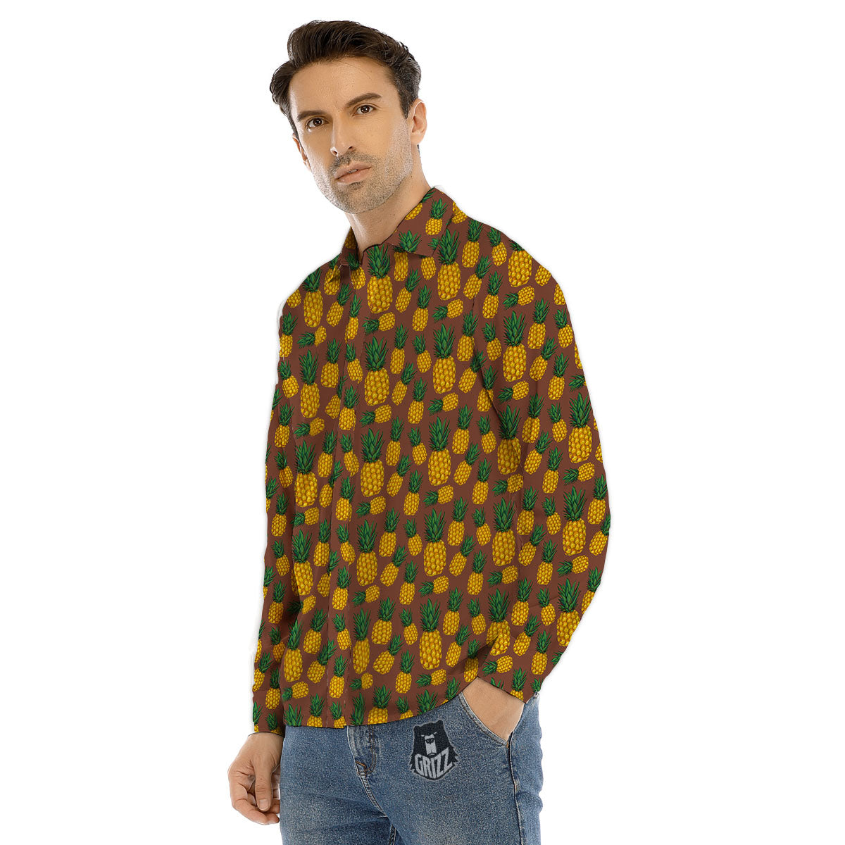 Pineapple Brown Print Pattern Men's Dress Shirts-grizzshop