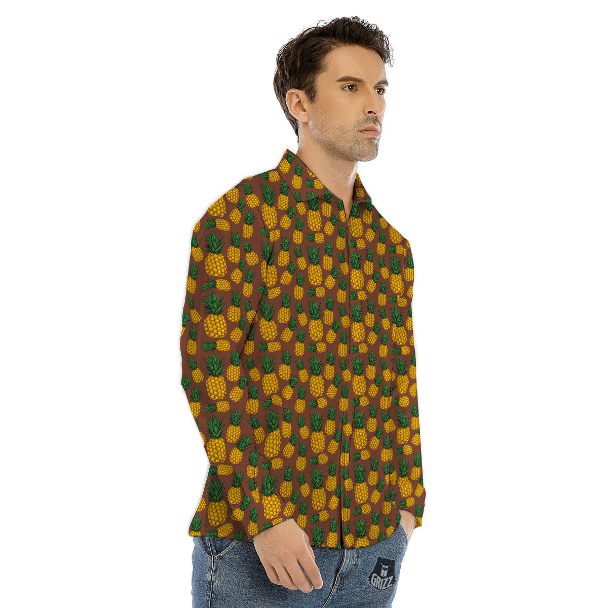 Pineapple Brown Print Pattern Men's Dress Shirts-grizzshop