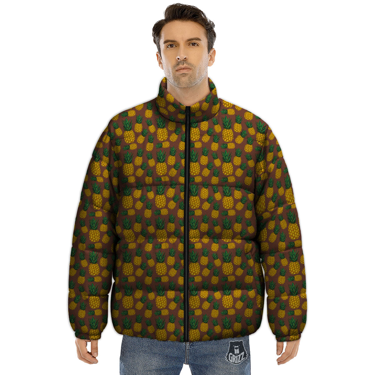 Pineapple Brown Print Pattern Puffer Jacket-grizzshop