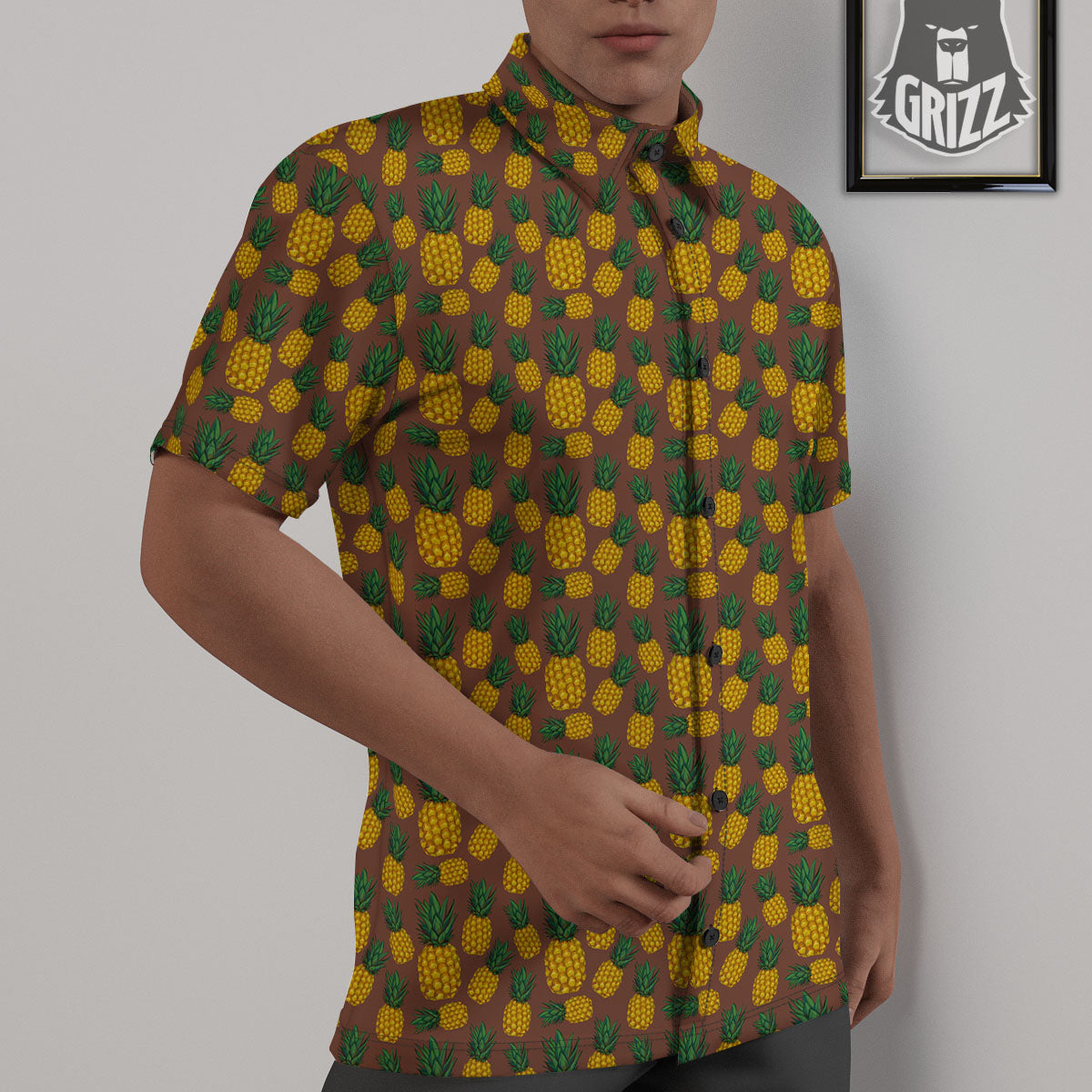 Pineapple Brown Print Pattern Untucked Shirts-grizzshop