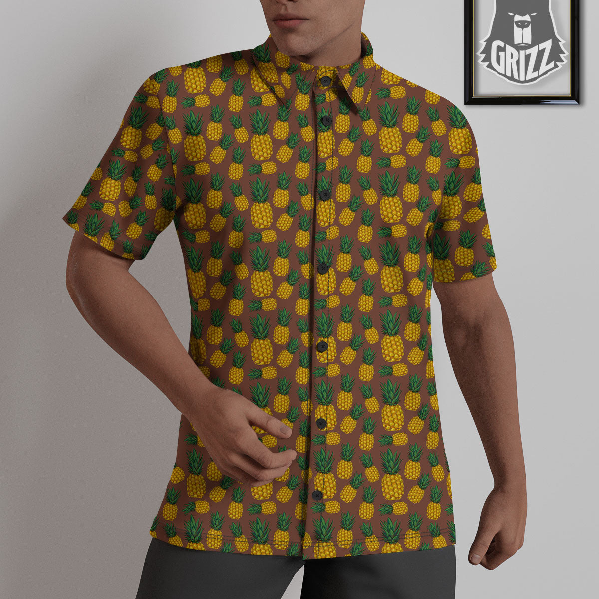 Pineapple Brown Print Pattern Untucked Shirts-grizzshop