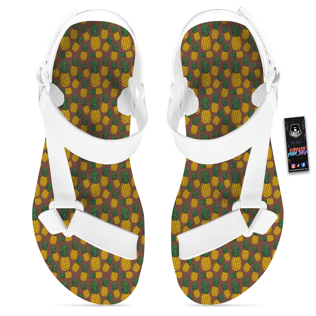 Pineapple Brown Print Pattern White Open Toe Sandals-grizzshop