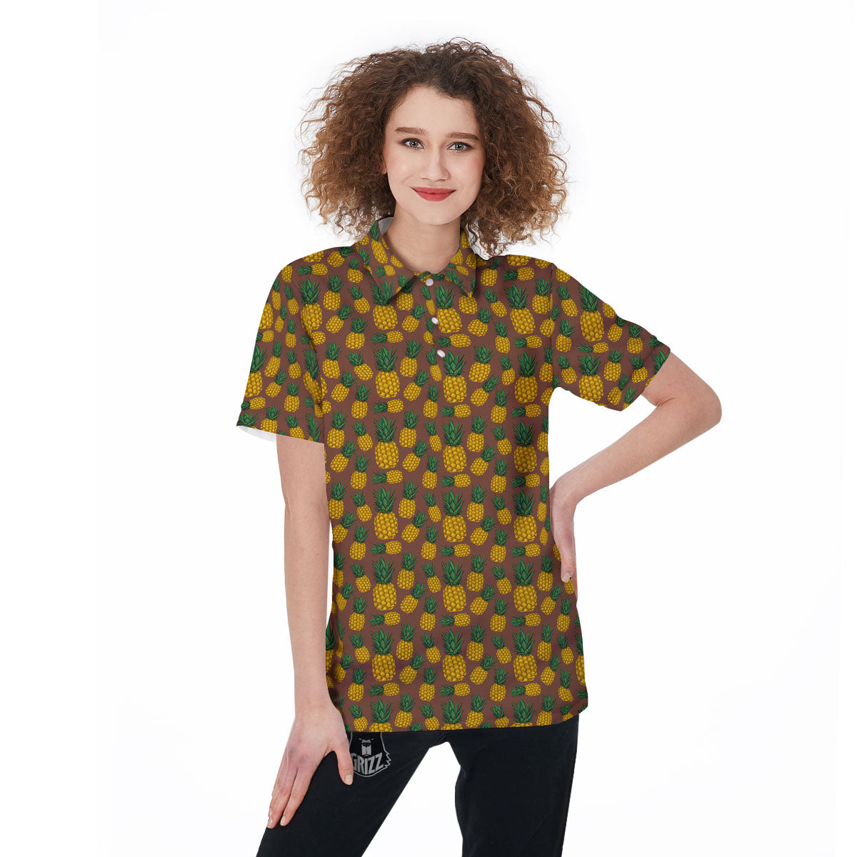 Pineapple Brown Print Pattern Women's Golf Shirts-grizzshop