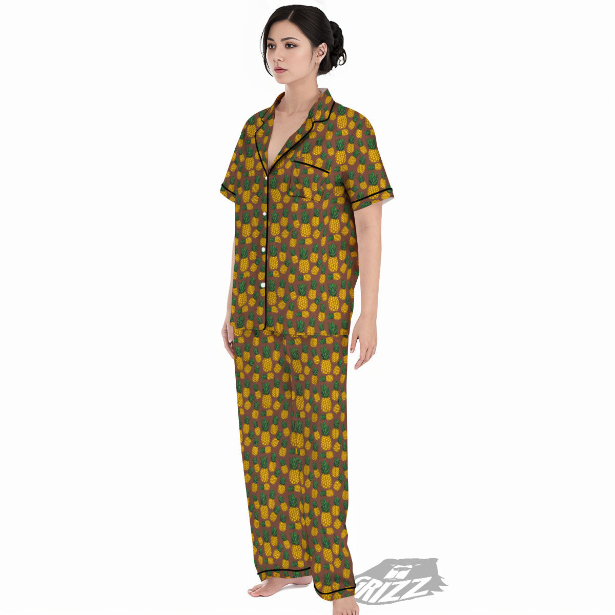 Pineapple Brown Print Pattern Women's Pajamas Set-grizzshop