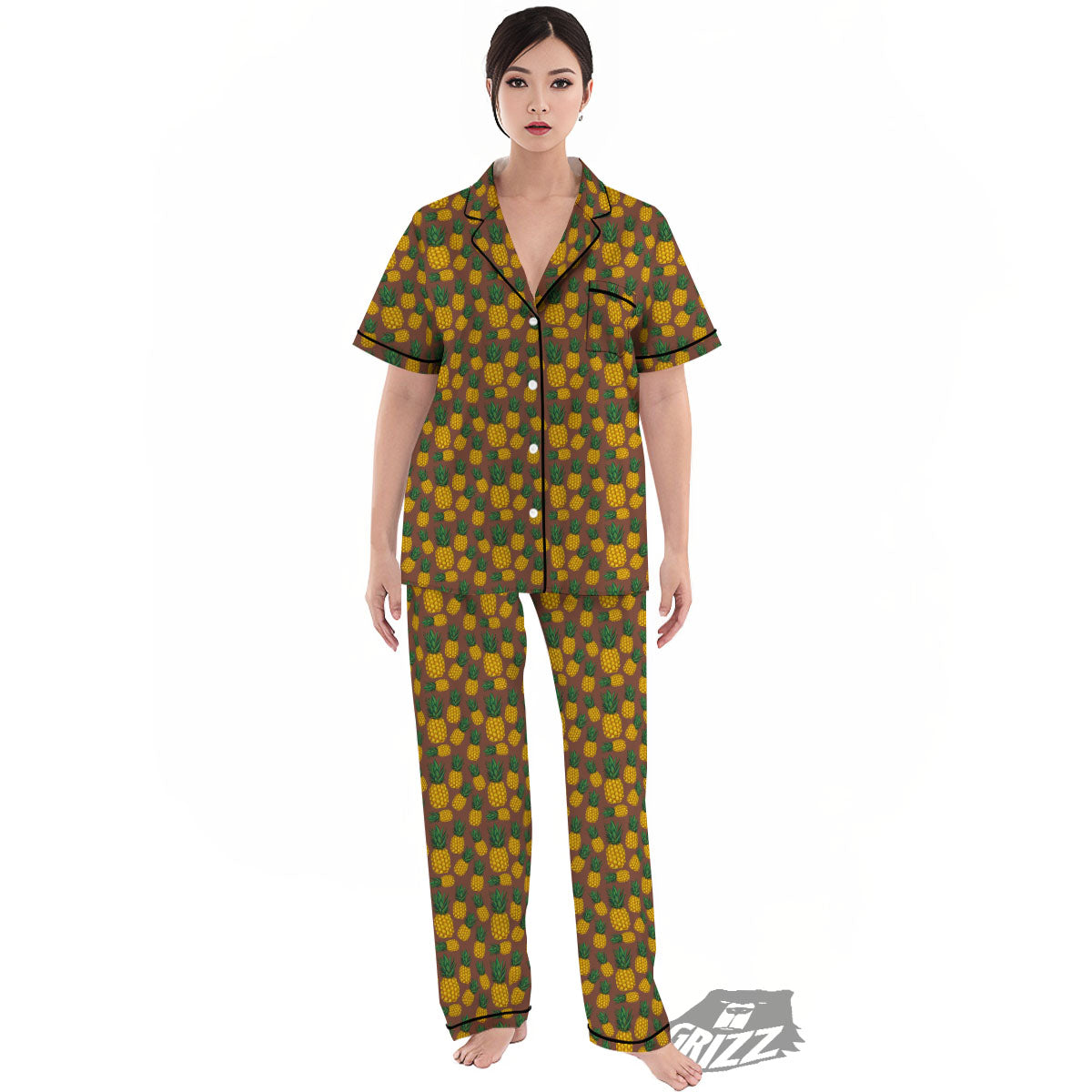 Pineapple Brown Print Pattern Women's Pajamas Set-grizzshop