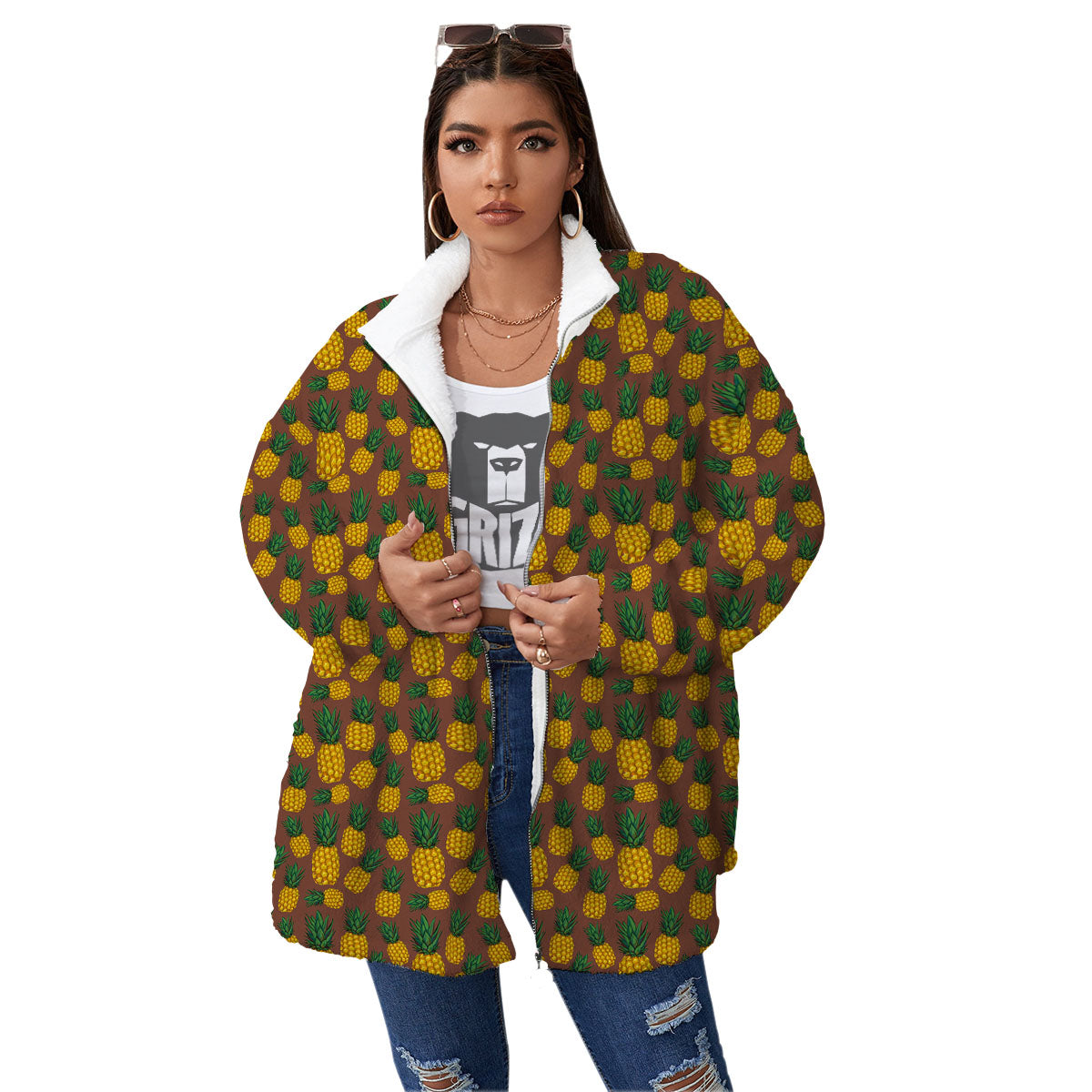 Pineapple Brown Print Pattern Women's Sherpa Jacket-grizzshop