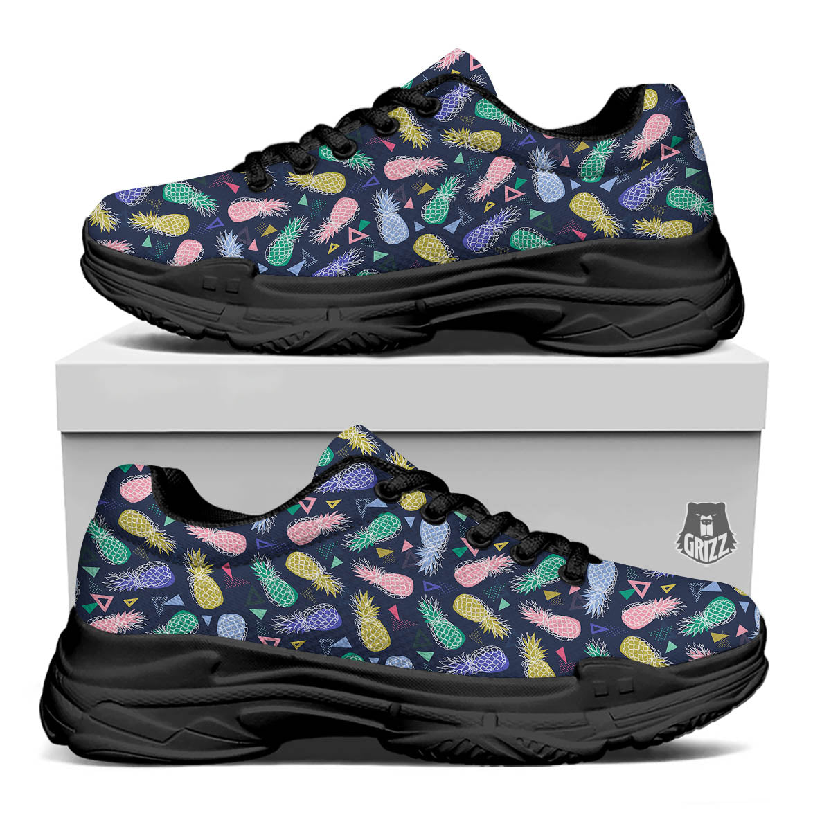 Pineapple Colorful Print Pattern Black Chunky Shoes-grizzshop