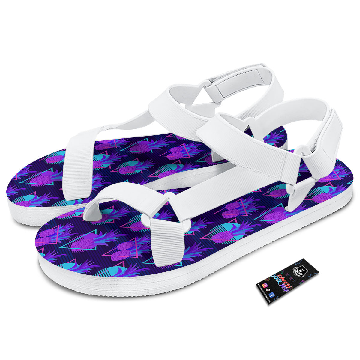 Pineapple EDM Purple Print Pattern White Open Toe Sandals-grizzshop