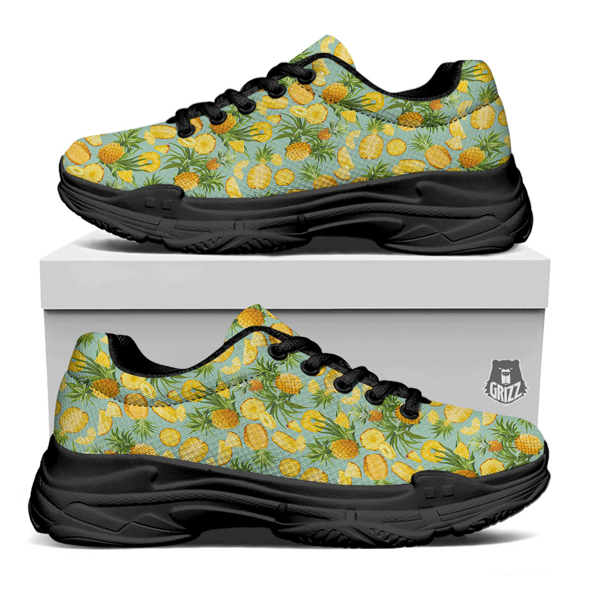 Pineapple Exotic Tropical Print Pattern Black Chunky Shoes-grizzshop
