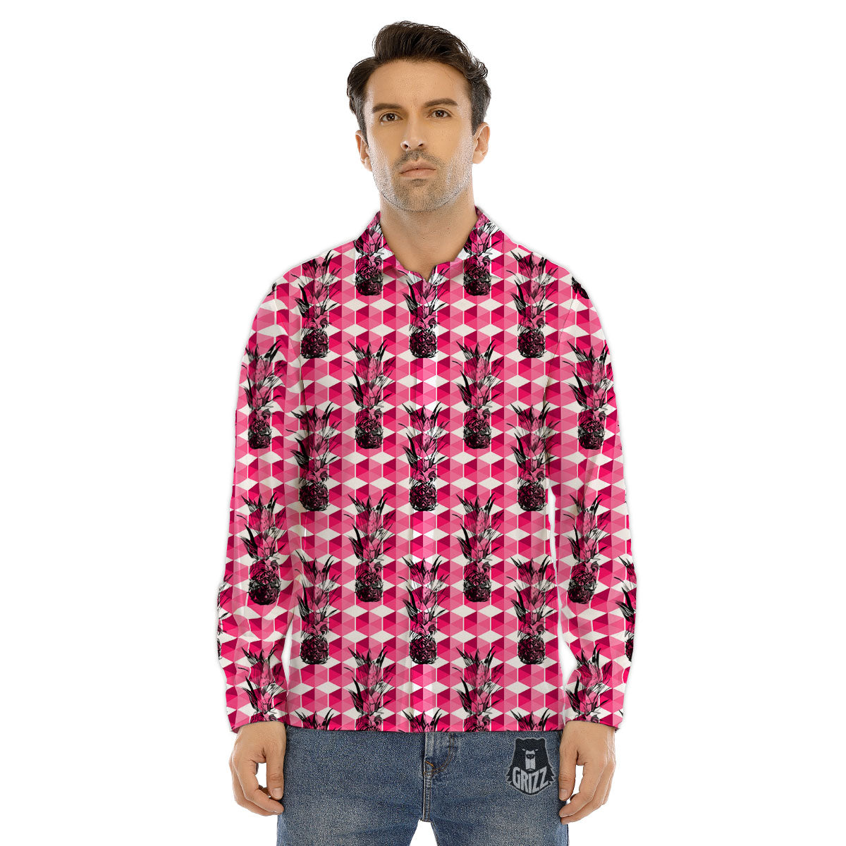 Pineapple Geometric Print Pattern Men's Dress Shirts-grizzshop