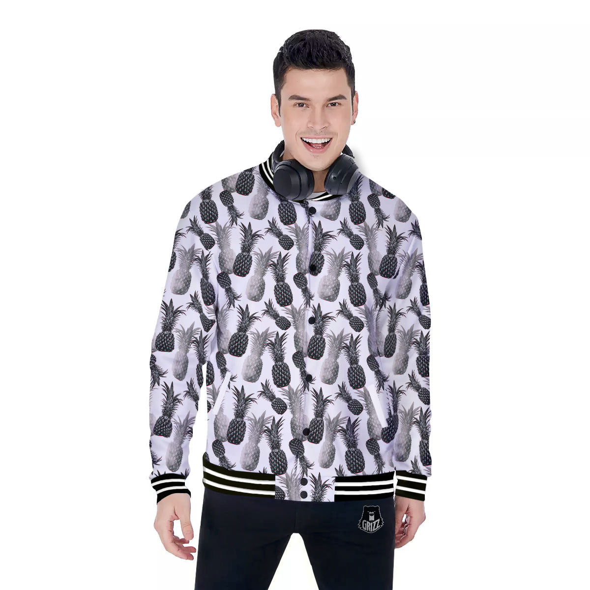 Pineapple Grey Watercolor Print Pattern Baseball Jacket-grizzshop
