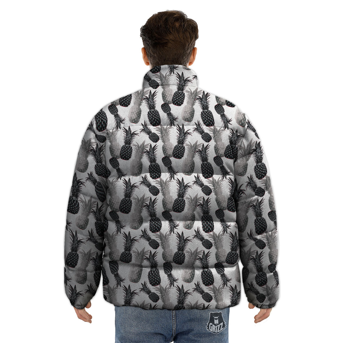 Pineapple Grey Watercolor Print Pattern Puffer Jacket-grizzshop
