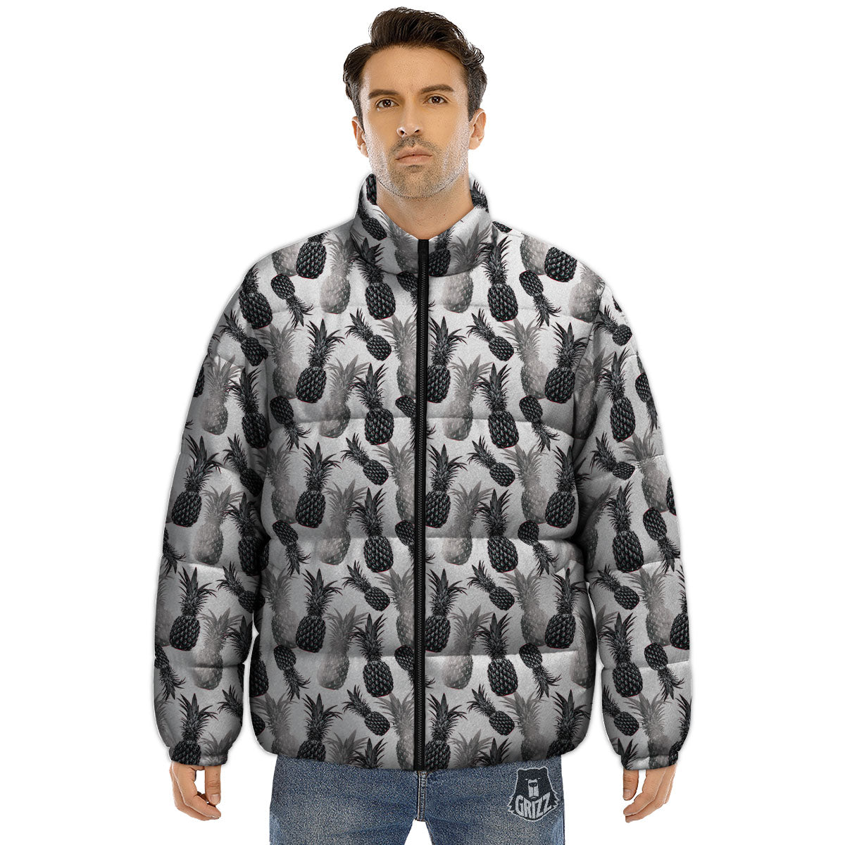 Pineapple Grey Watercolor Print Pattern Puffer Jacket-grizzshop