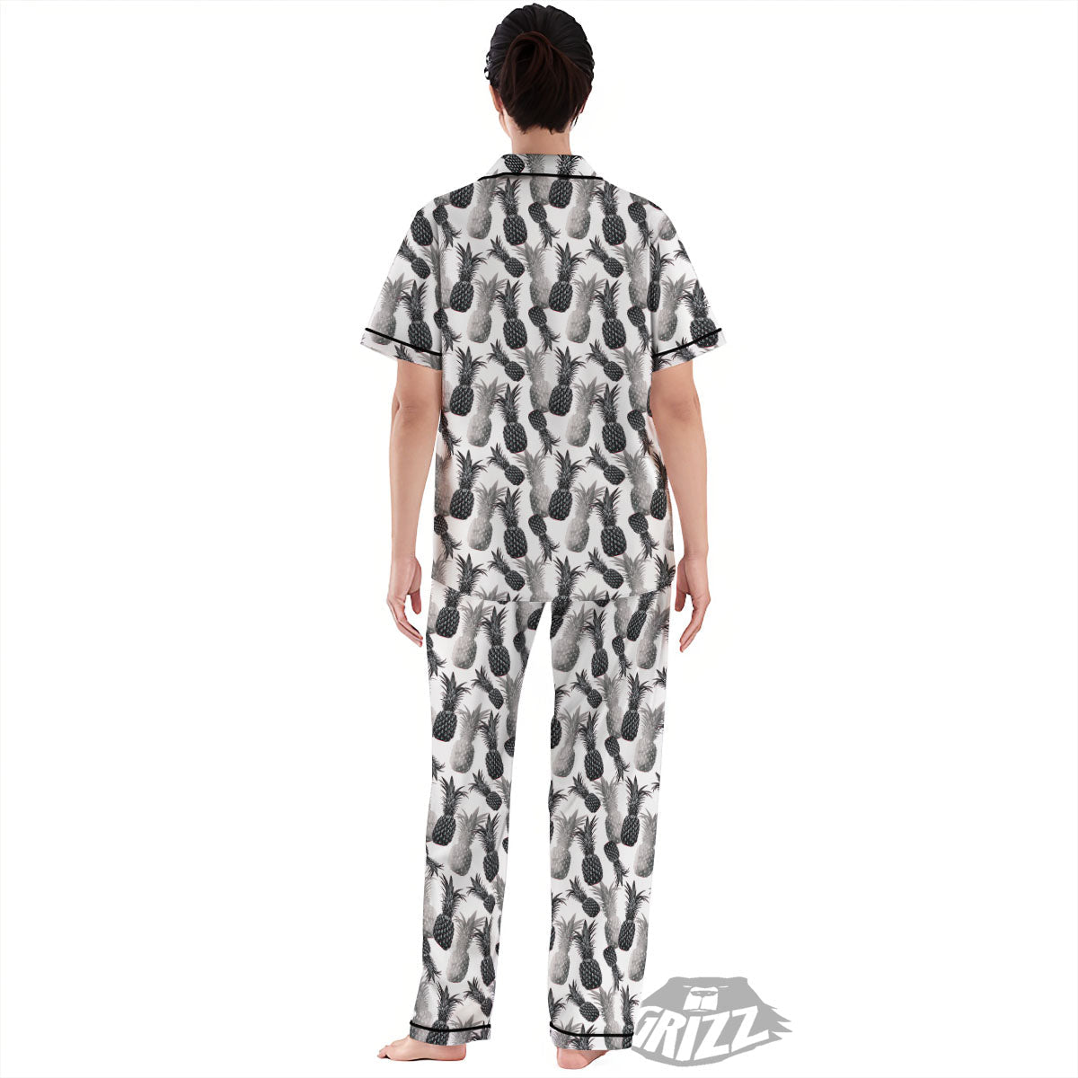 Pineapple Grey Watercolor Print Pattern Women's Pajamas Set-grizzshop
