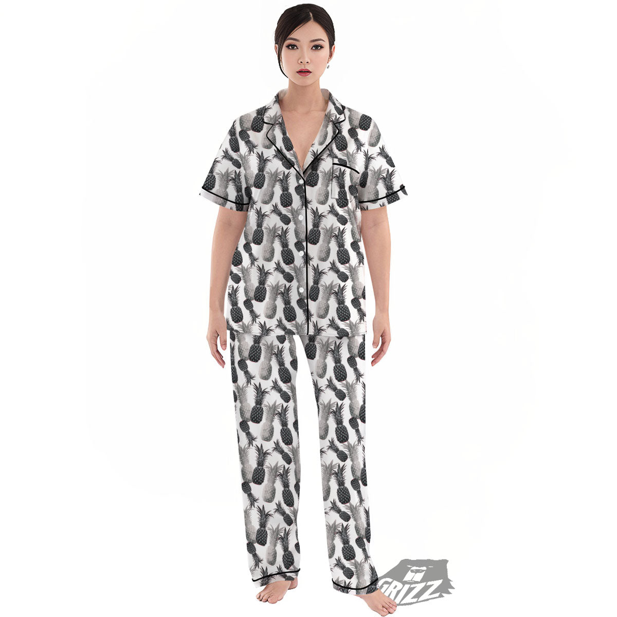Pineapple Grey Watercolor Print Pattern Women's Pajamas Set-grizzshop