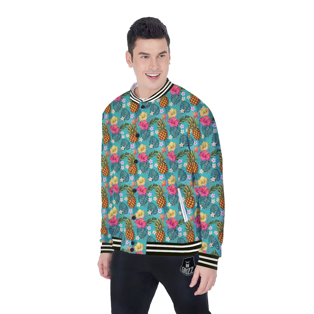 Pineapple Hawaii Hibiscus Print Pattern Baseball Jacket-grizzshop