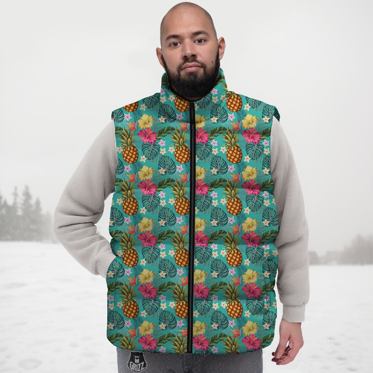 Pineapple Hawaii Hibiscus Print Pattern Down Vest