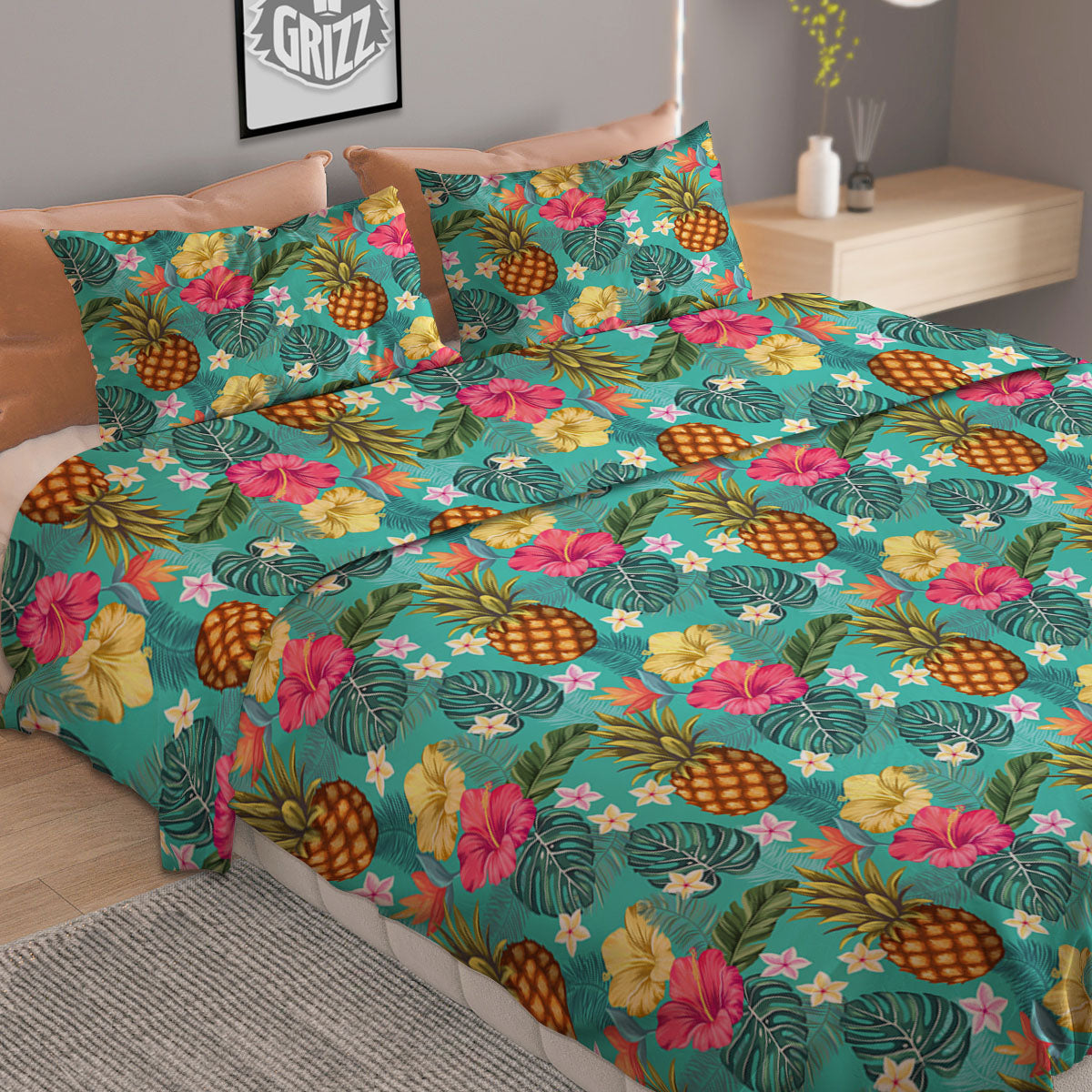 Pineapple Hawaii Hibiscus Print Pattern Duvet Cover Bedding Set