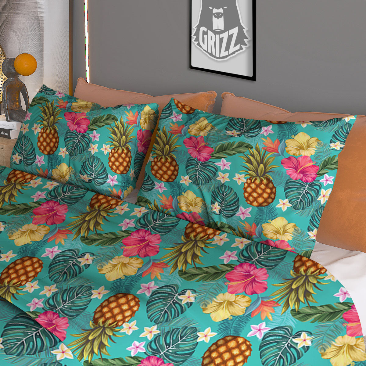 Pineapple Hawaii Hibiscus Print Pattern Duvet Cover Bedding Set