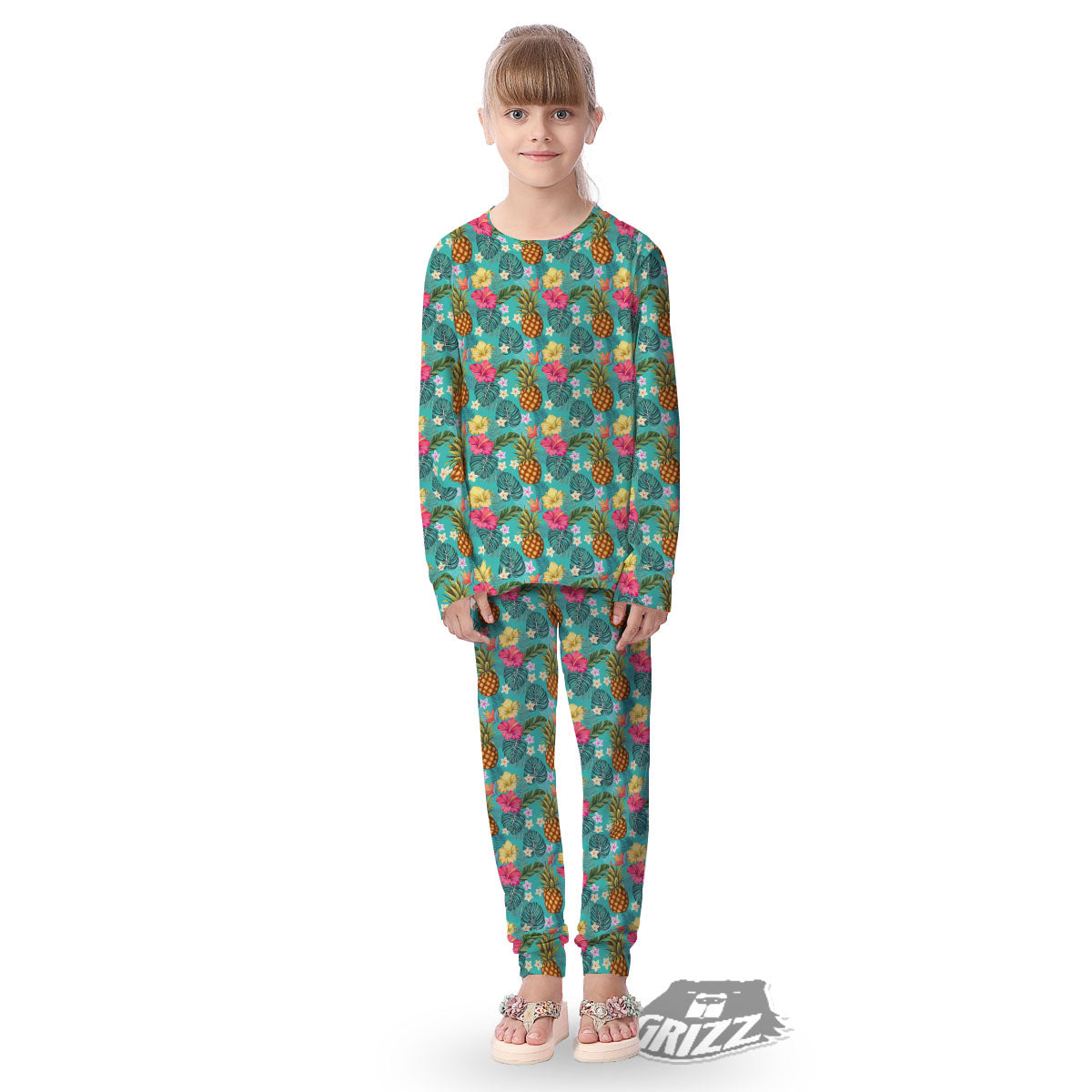 Pineapple Hawaii Hibiscus Print Pattern Kid's Pajamas-grizzshop