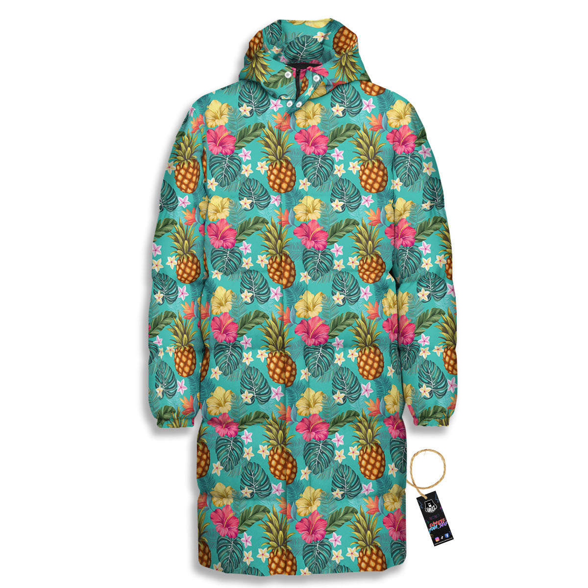 Pineapple Hawaii Hibiscus Print Pattern Long Down Jacket-grizzshop