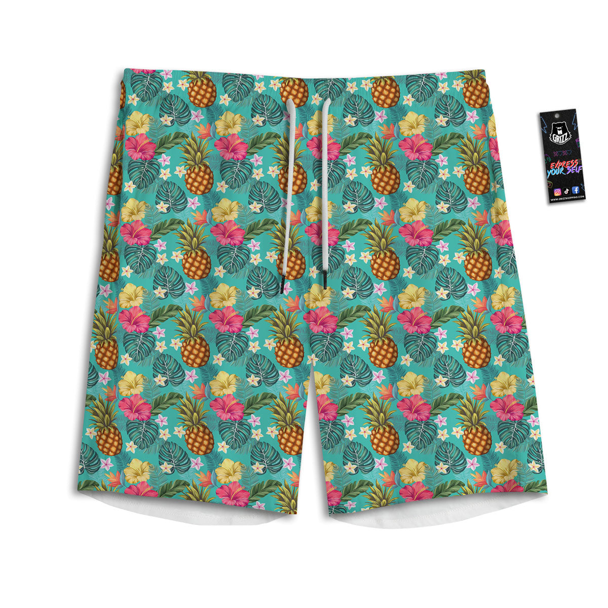 Pineapple Hawaii Hibiscus Print Pattern Men's Athletic Shorts