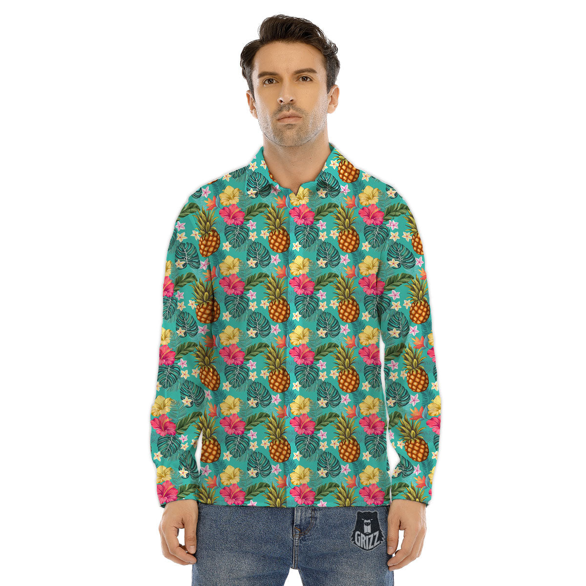Pineapple Hawaii Hibiscus Print Pattern Men's Dress Shirts-grizzshop