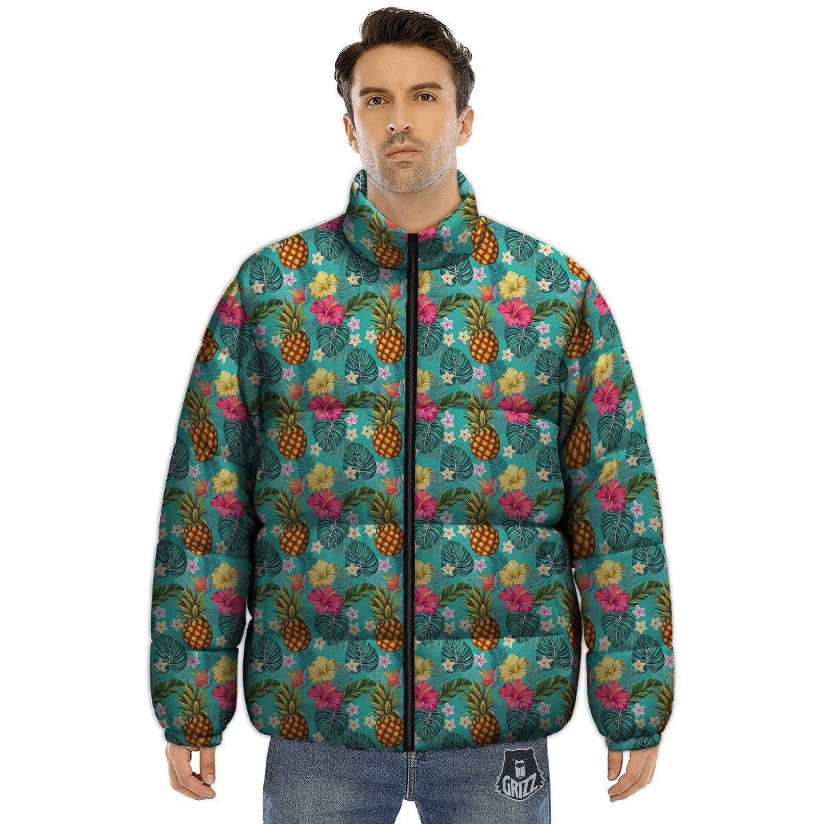 Pineapple Hawaii Hibiscus Print Pattern Puffer Jacket-grizzshop
