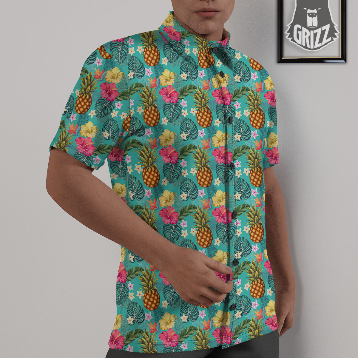 Pineapple Hawaii Hibiscus Print Pattern Untucked Shirts-grizzshop