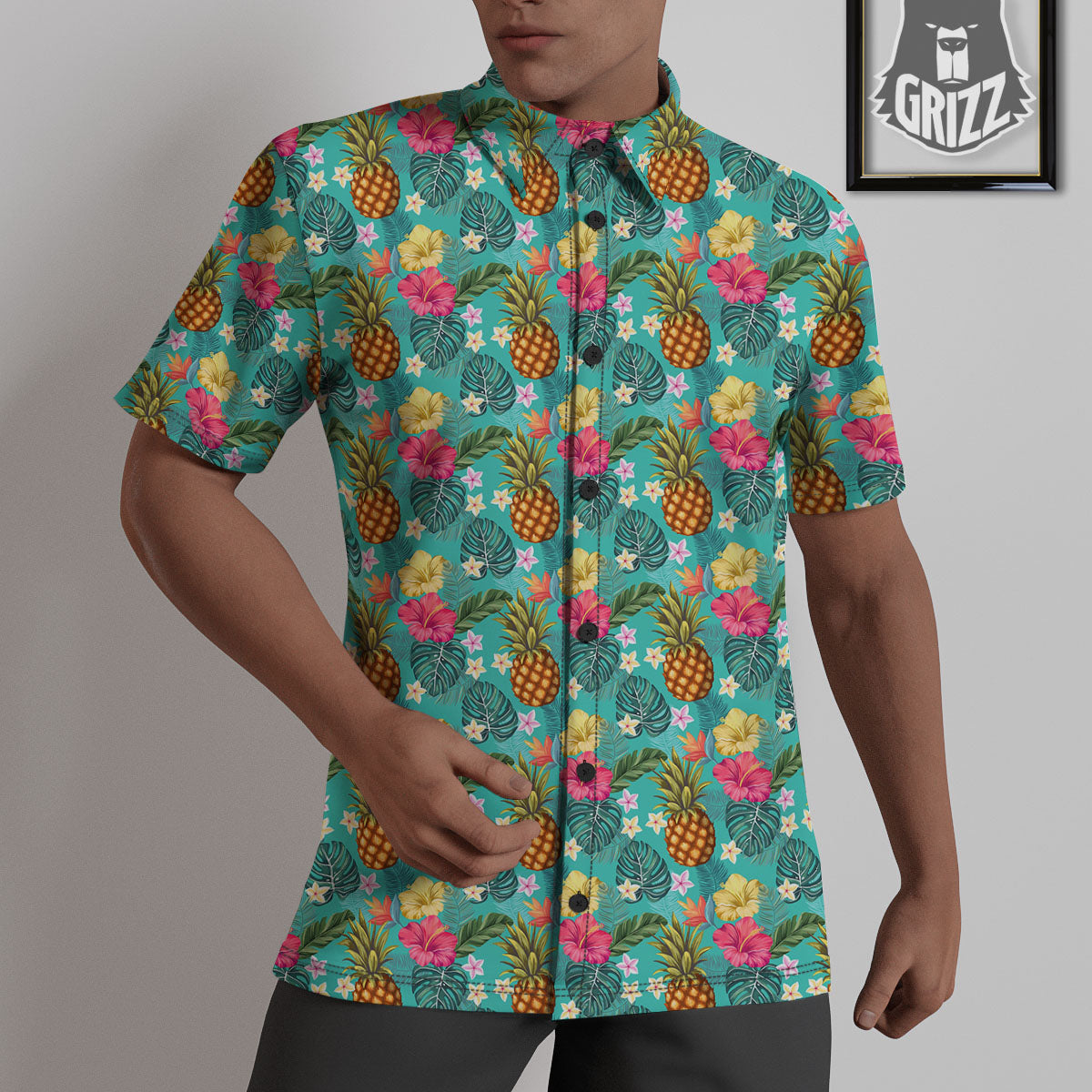 Pineapple Hawaii Hibiscus Print Pattern Untucked Shirts-grizzshop