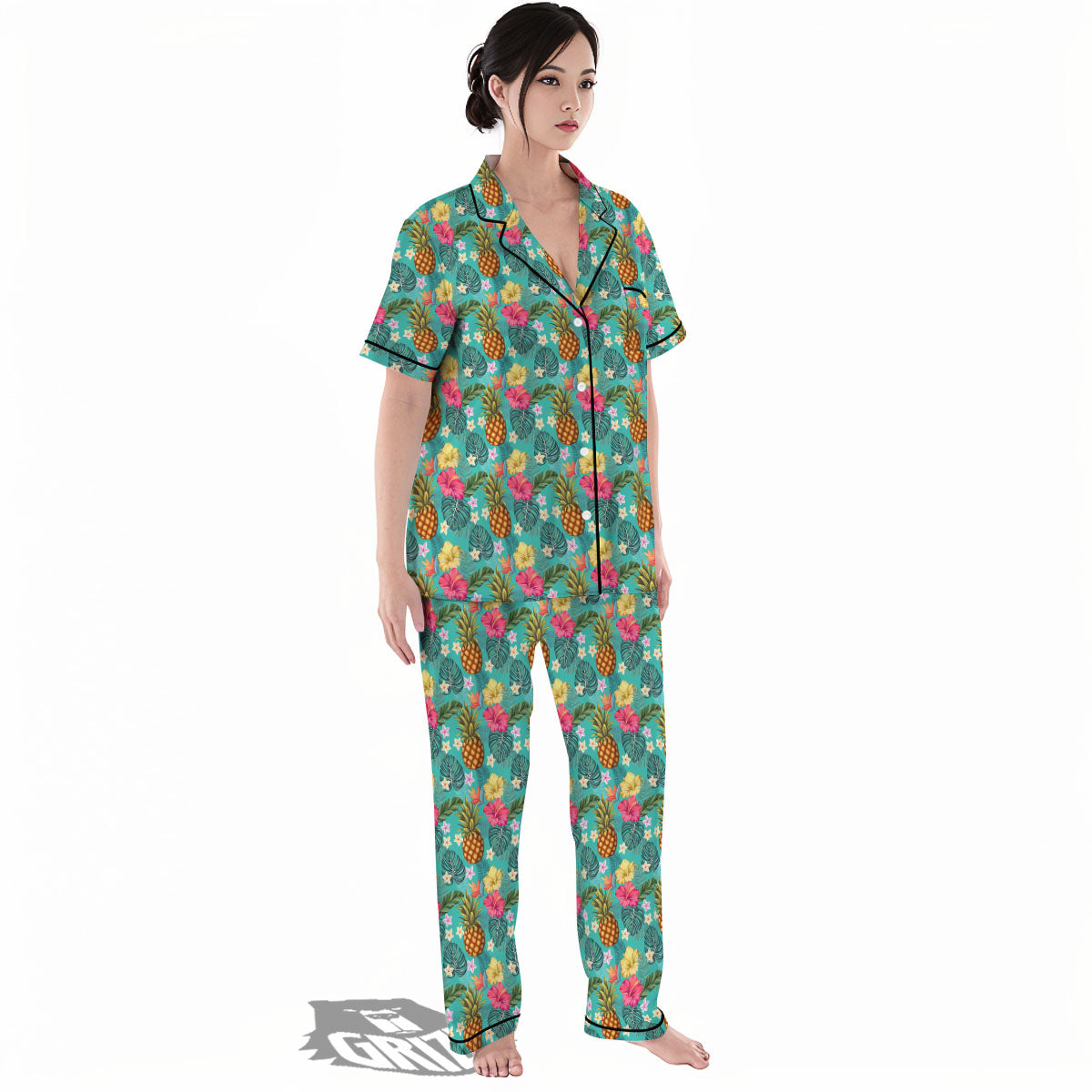 Pineapple Hawaii Hibiscus Print Pattern Women's Pajamas Set-grizzshop