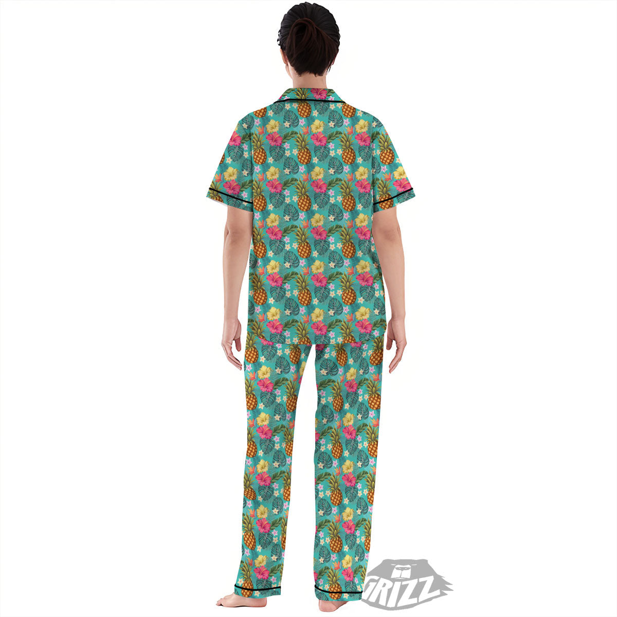 Pineapple Hawaii Hibiscus Print Pattern Women's Pajamas Set-grizzshop