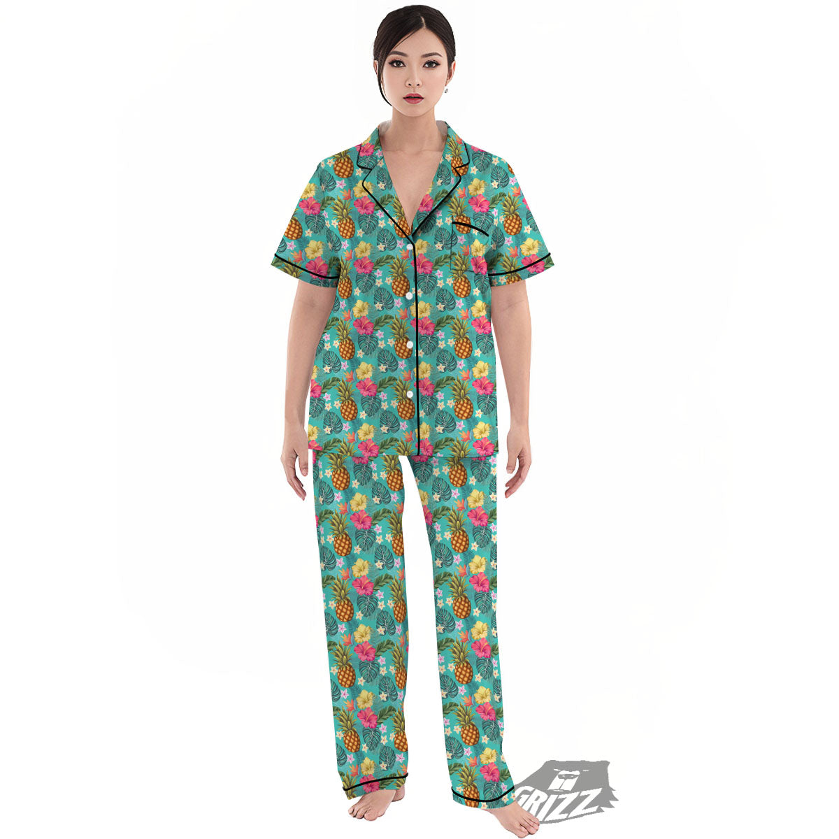 Pineapple Hawaii Hibiscus Print Pattern Women's Pajamas Set-grizzshop