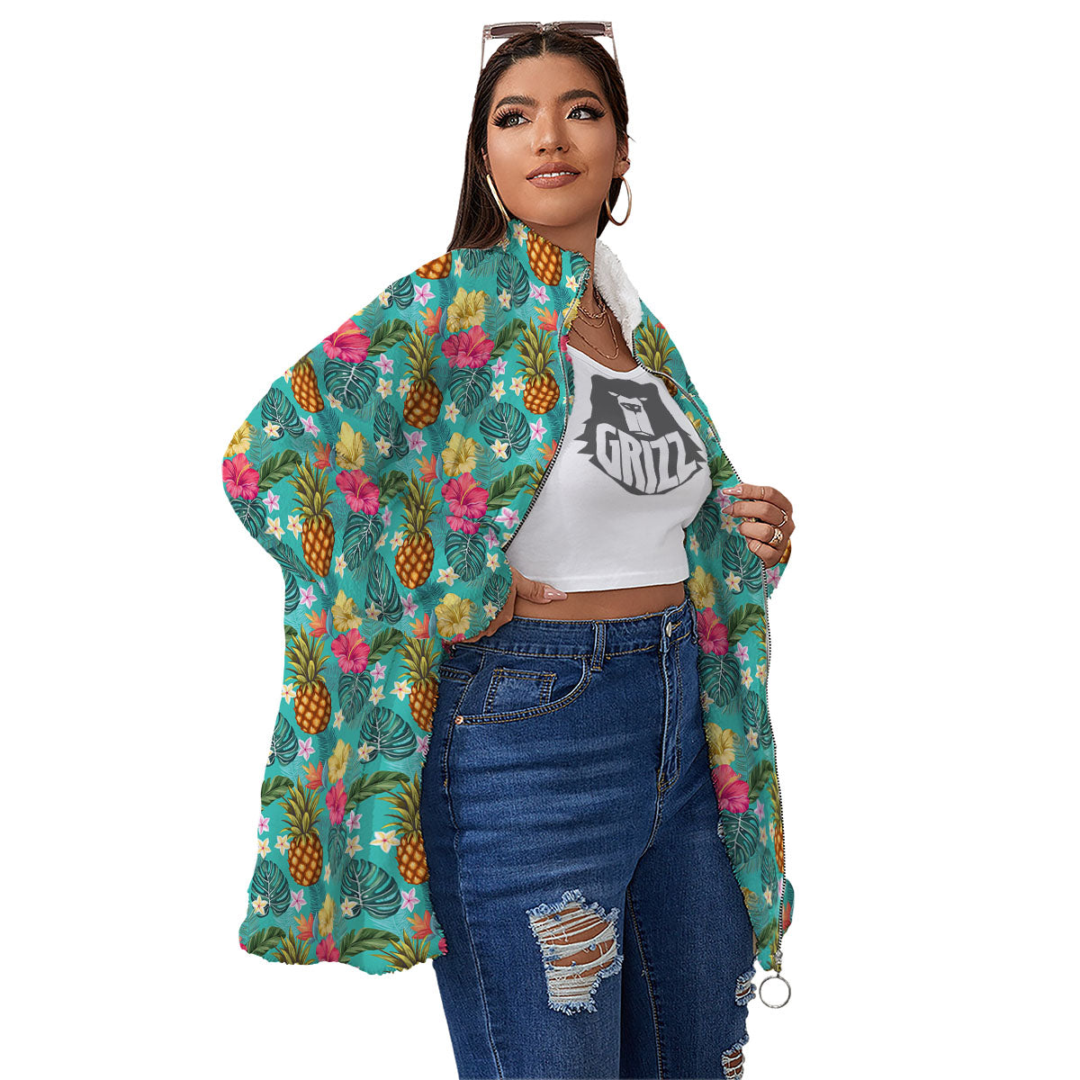 Pineapple Hawaii Hibiscus Print Pattern Women's Sherpa Jacket-grizzshop
