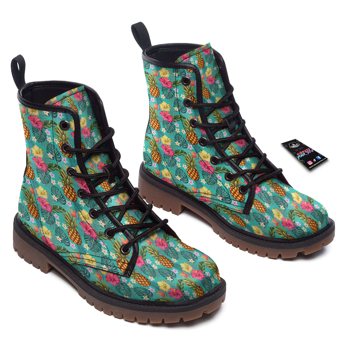 Pineapple Hawaii Hibiscus Print Pattern Work Boots-grizzshop