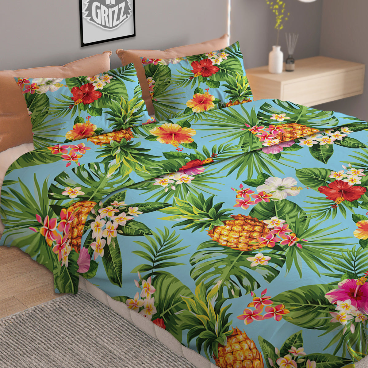 Pineapple Hawaii Tropical Print Pattern Duvet Cover Bedding Set