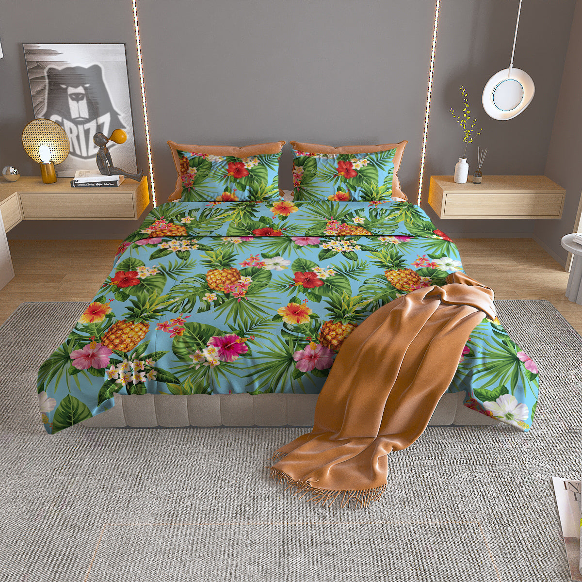 Pineapple Hawaii Tropical Print Pattern Duvet Cover Bedding Set