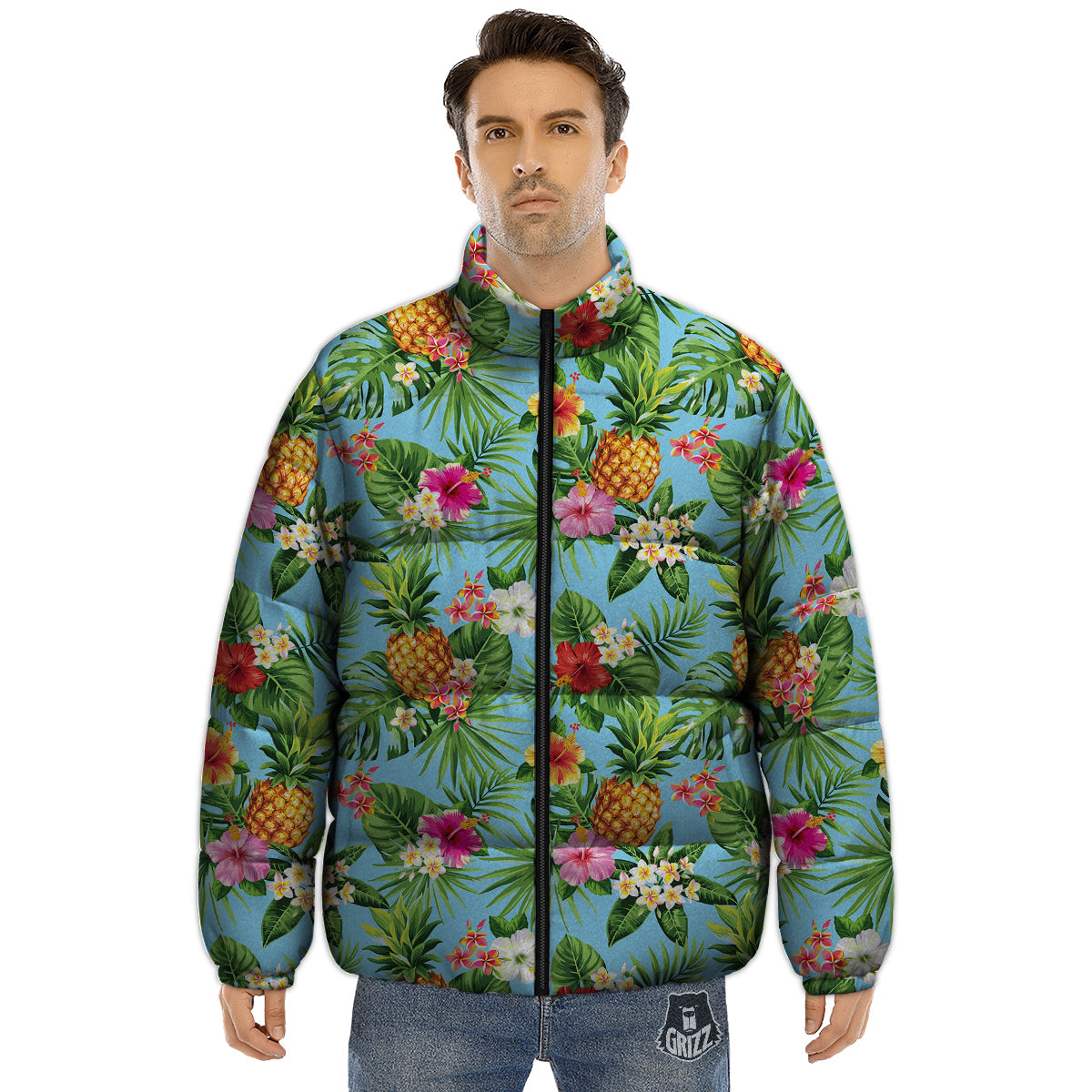 Pineapple Hawaii Tropical Print Pattern Puffer Jacket-grizzshop