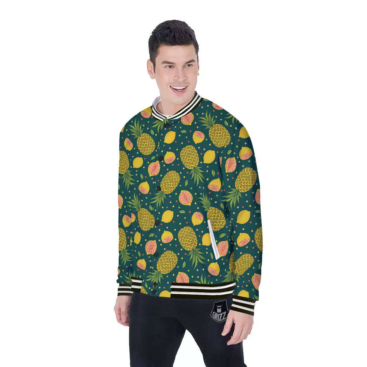 Pineapple Hawaiian Lime Print Pattern Baseball Jacket-grizzshop