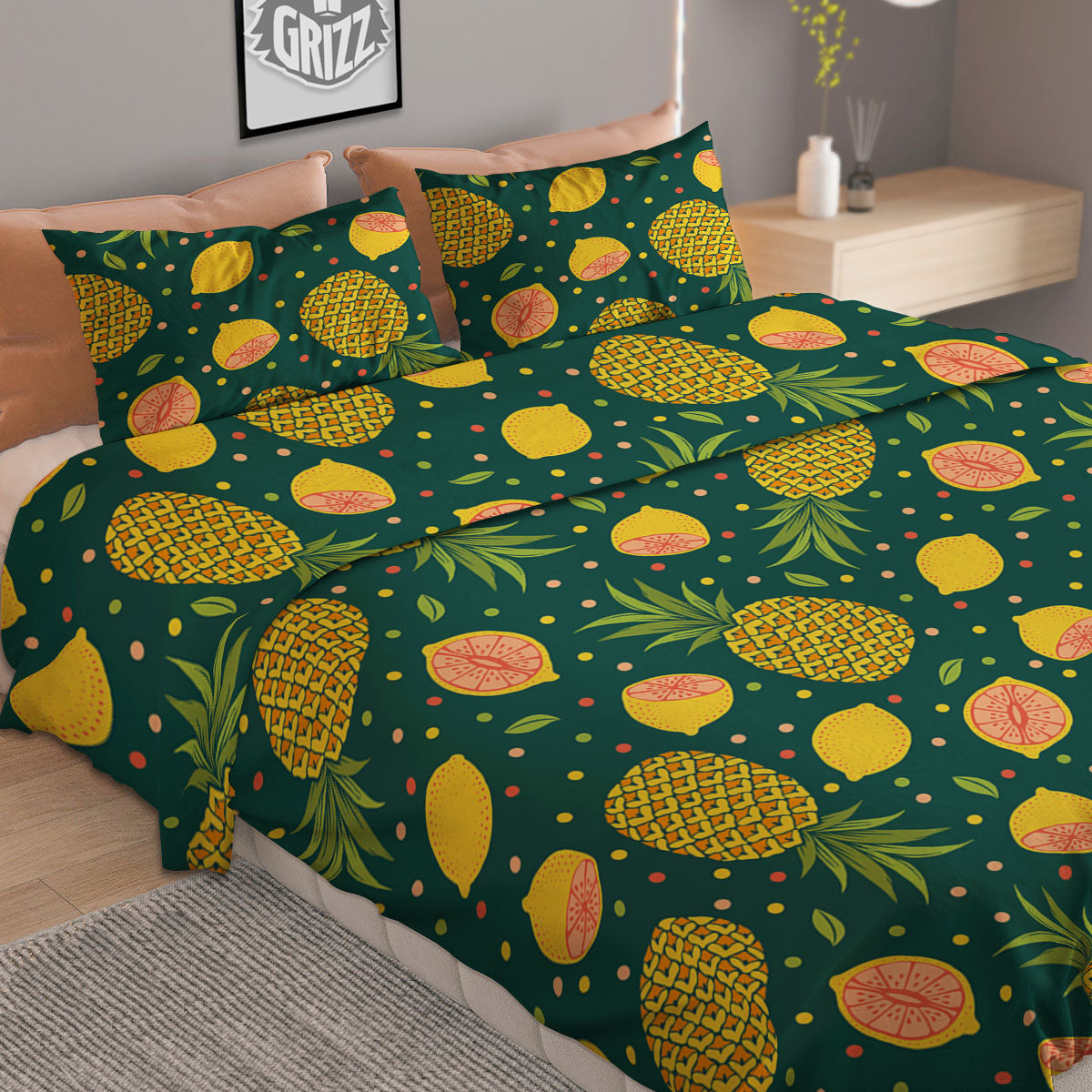 Pineapple Hawaiian Lime Print Pattern Duvet Cover Bedding Set