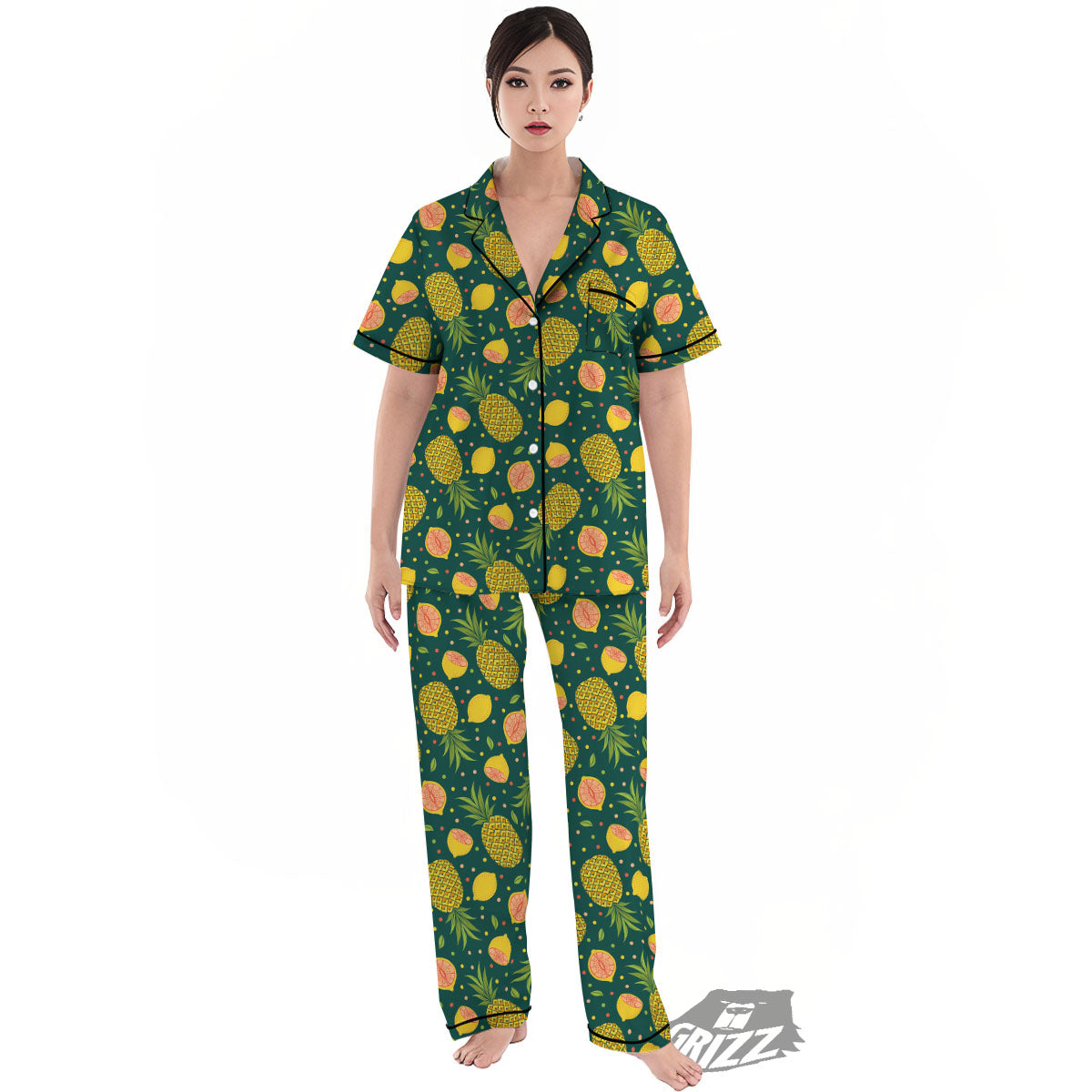 Pineapple Hawaiian Lime Print Pattern Women's Pajamas Set-grizzshop