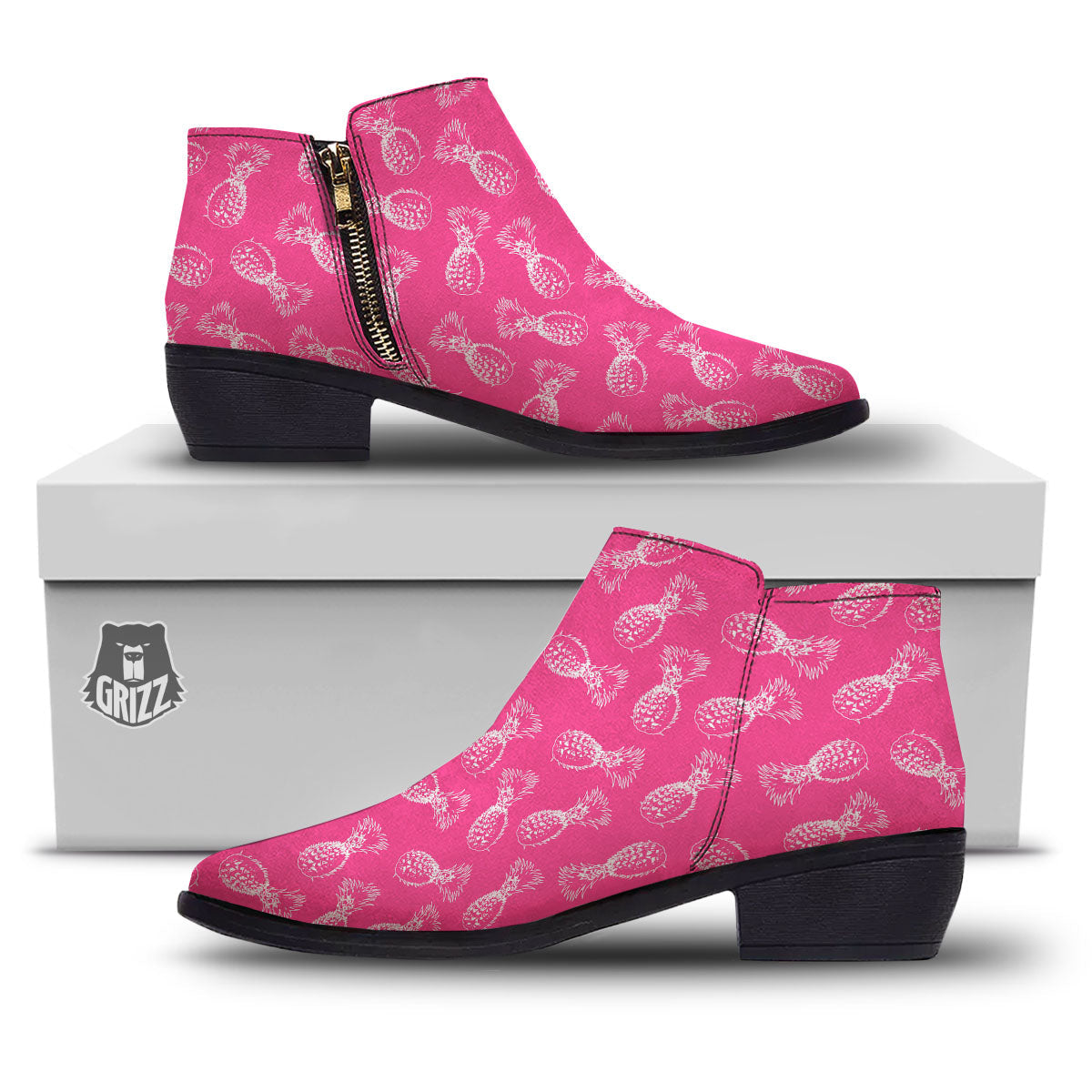 Pineapple Hot Pink Print Pattern Ankle Boots-grizzshop