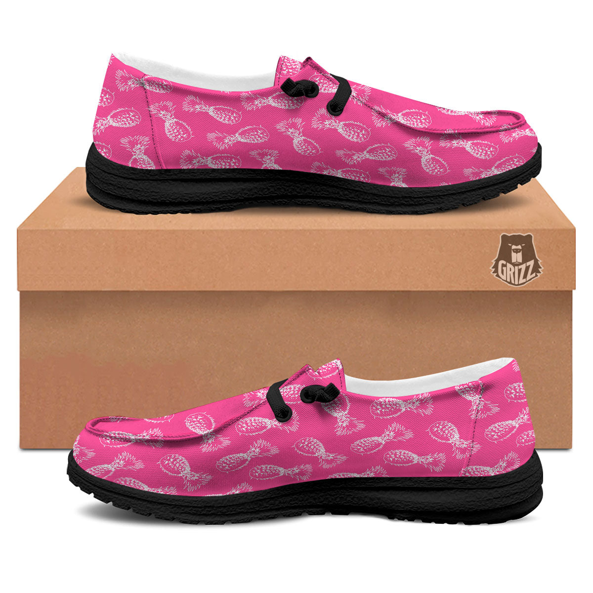 Pineapple Hot Pink Print Pattern Black Loafers-grizzshop